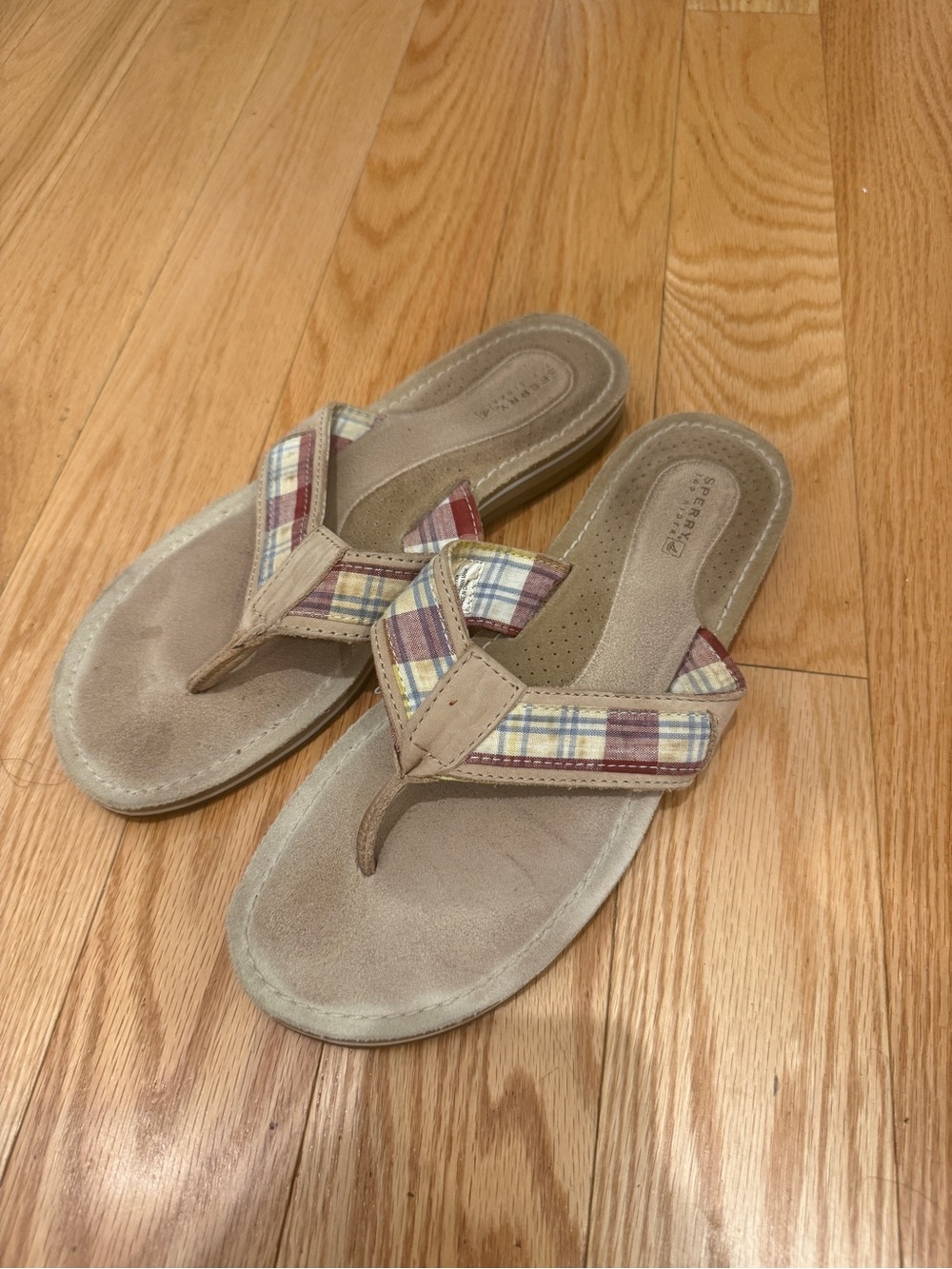 Sperry Tan Flip Flop Sandals with Plaid Straps